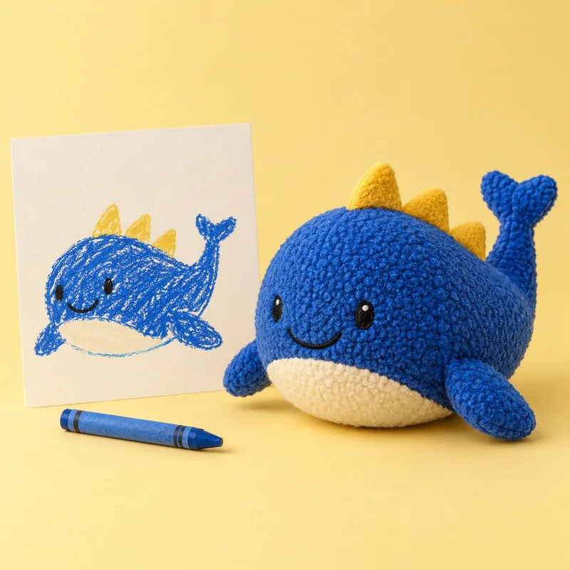 Blue: drawing and AI-generated plush design illustration