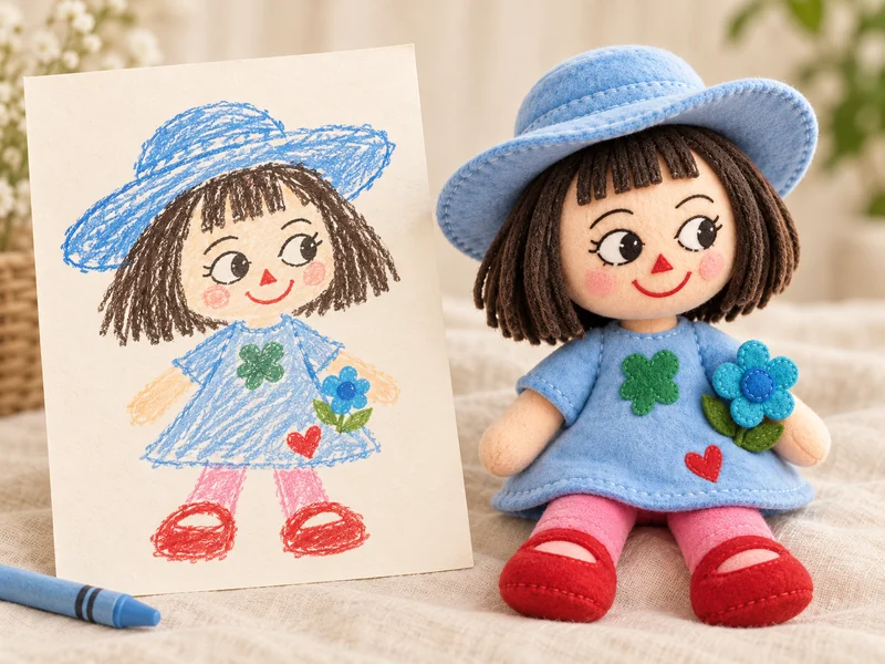 AI-generated sample sketch and matching blue-hat girl plush concept, sharing a red triangle nose, a green clover and a red heart