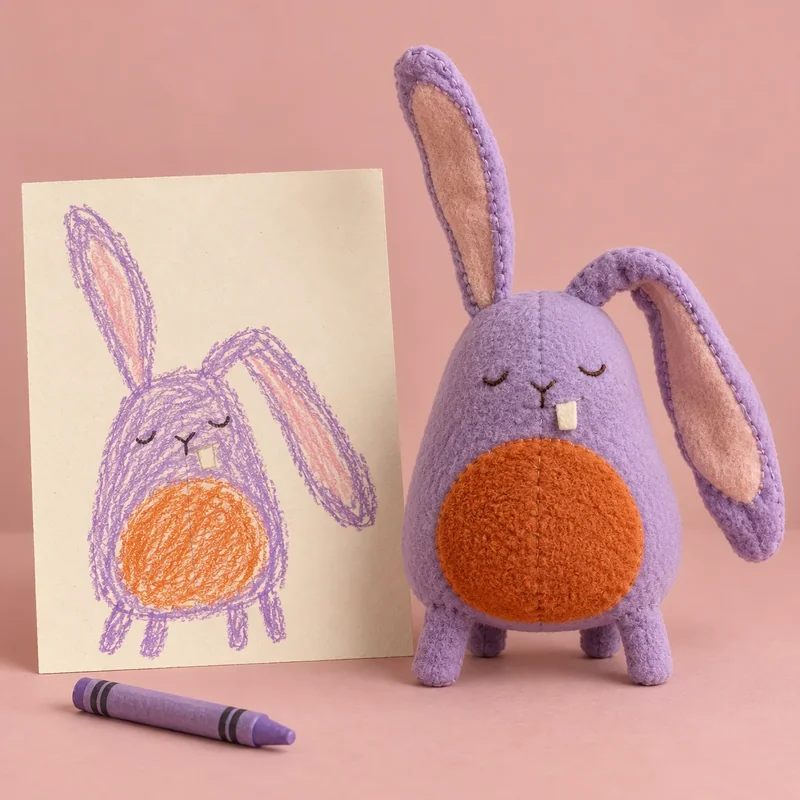 Pip: drawing beside an AI-generated plush design illustration